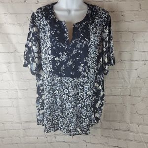 J.Jill, Blue Floral Print, V-Neck Pullover Blouse, size Large, NWT